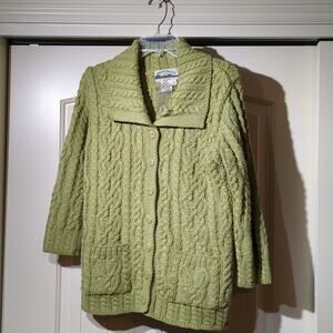 Aran Crafts Ireland Green Luxury Button Up Hand Knit Cabled Cardigan Women Sz XS